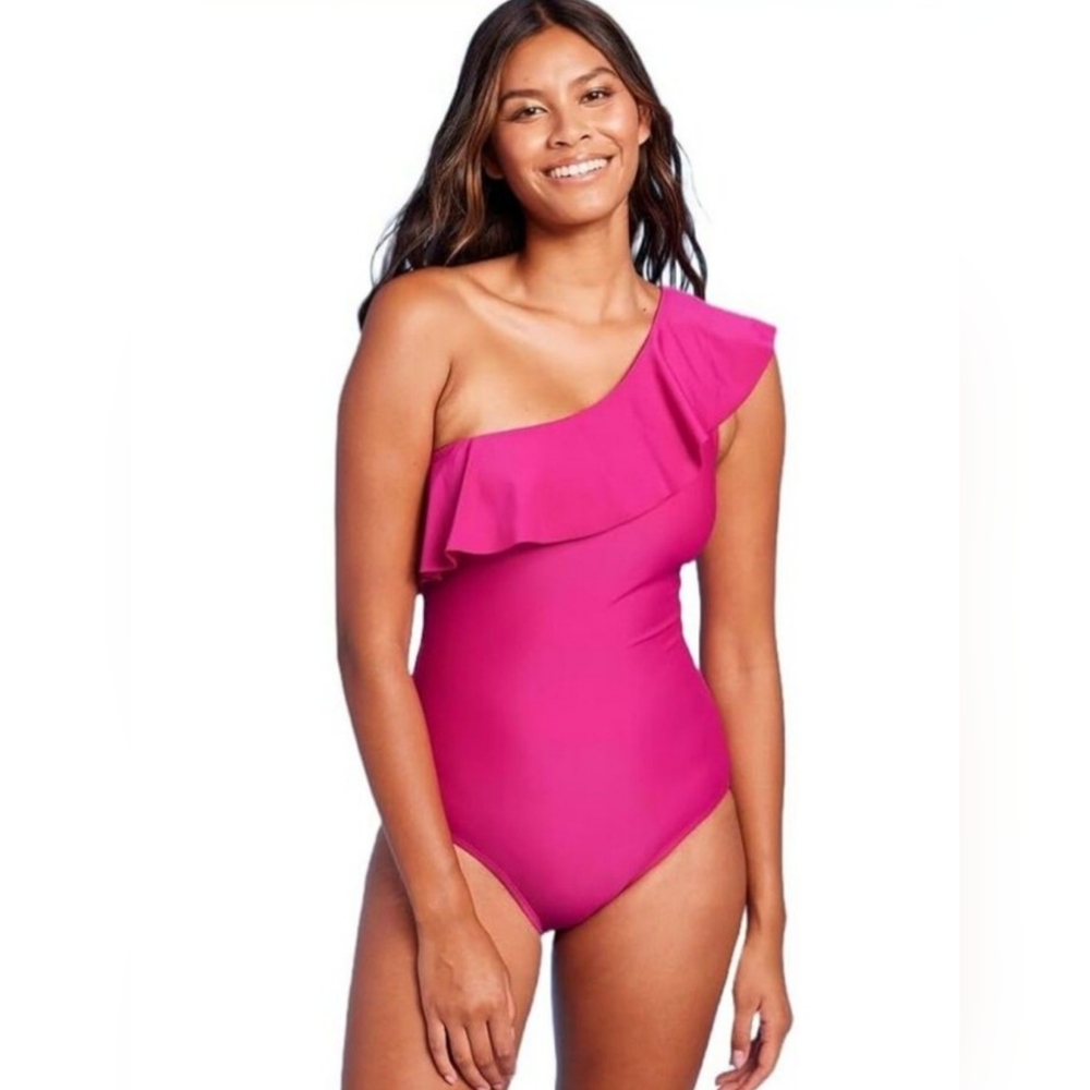 Kona Sol Women's One Piece Swimsuit Sz M One Shoulder Ruffle Pink Beach Resort